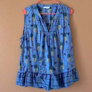Blue flowy tank top with pineapples. Size XL